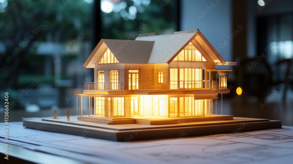 Poster illuminated model house on blueprints.