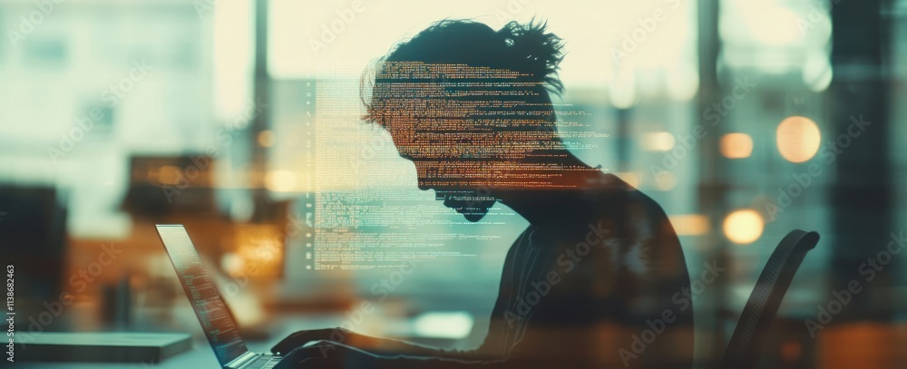 Poster Person coding on laptop, layered with code.