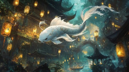 White koi swims through magical asian town lit by lanterns.