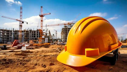 Construction house. Repair work. Drawings for building and yellow helmet on the background of a construction site.
