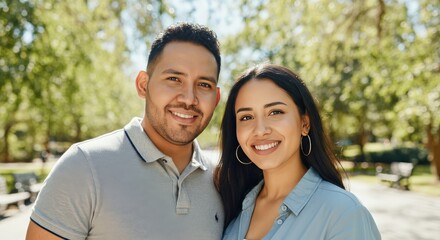 Fototapeta premium Hispanic couple enjoying a sunny day in a serene park setting with lush greenery