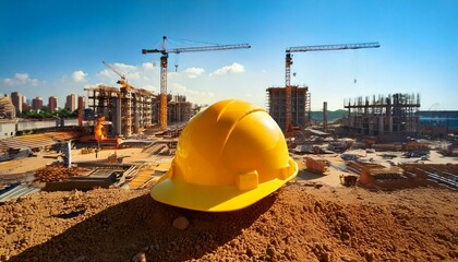 Construction house. Repair work. Drawings for building and yellow helmet on the background of a construction site.