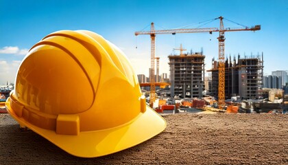  Repair work. Drawings for building and yellow helmet on the background of a construction site.