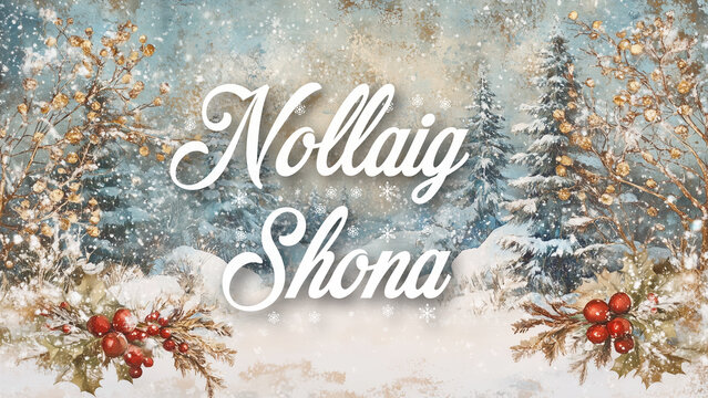 Elegant Christmas Background with Silver Elements and "Nollaig Shona" Festive Greeting in Irish