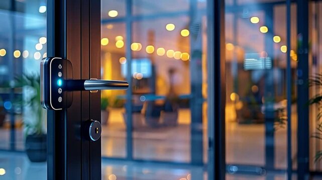 This smart lock is displayed on a glass door, illuminating the contemporary room with warm lighting.