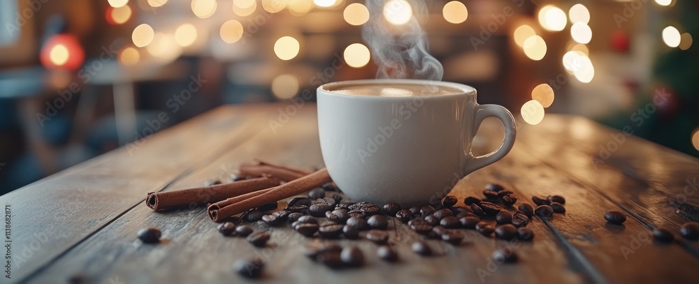 Poster steaming coffee with beans and cinnamon sticks on wood, bokeh lights background.