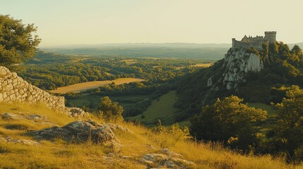 Castle ruins atop hill overlook landscape.