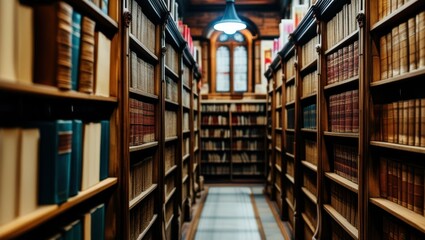 old library, rows of bookshelves, wooden ladders, antique books, warm lighting, arched ceiling, cozy atmosphere, narrow aisle, leather-bound tomes, scholarly ambiance, historic archives, dusty volumes