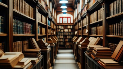 Obraz premium old library, rows of bookshelves, wooden ladders, antique books, warm lighting, arched ceiling, cozy atmosphere, narrow aisle, leather-bound tomes, scholarly ambiance, historic archives, dusty volumes