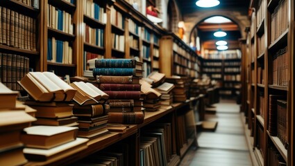 Obraz premium old library, rows of bookshelves, wooden ladders, antique books, warm lighting, arched ceiling, cozy atmosphere, narrow aisle, leather-bound tomes, scholarly ambiance, historic archives, dusty volumes