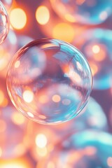 Close-up of a floating bubble with colorful light reflections.