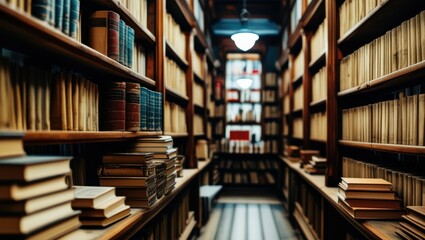 Obraz premium old library, rows of bookshelves, wooden ladders, antique books, warm lighting, arched ceiling, cozy atmosphere, narrow aisle, leather-bound tomes, scholarly ambiance, historic archives, dusty volumes