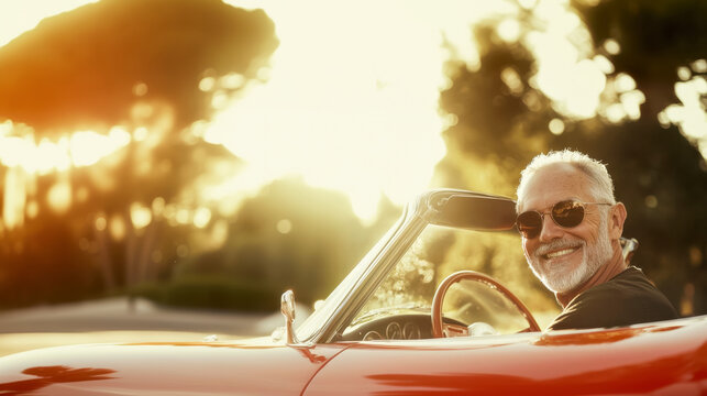Old man with grey hair and beard smiling while driving a red retro convertible against golden sunset, copy space about vintage car travel on vacation