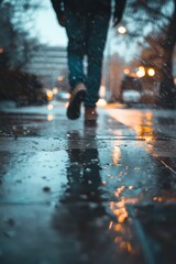 Fototapeta premium Person walking on rainy city sidewalk with reflections and lights.