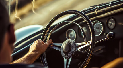 Obraz premium man's hand on steering wheel of vintage sports car, old classic cars concepts, poster idea