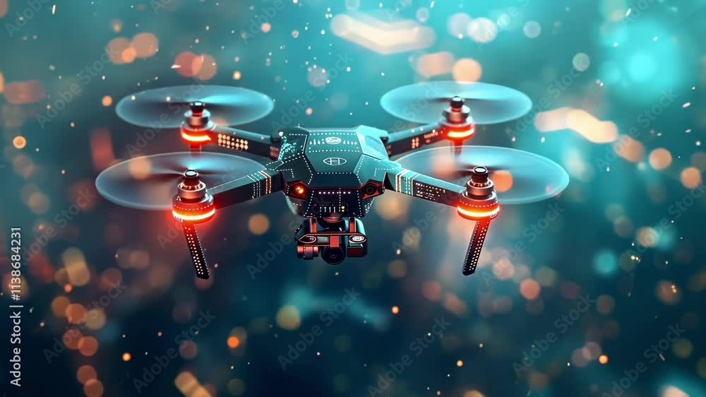 Poster modern quadcopter drone hovering in a technological environment, showcasing innovation and the futur
