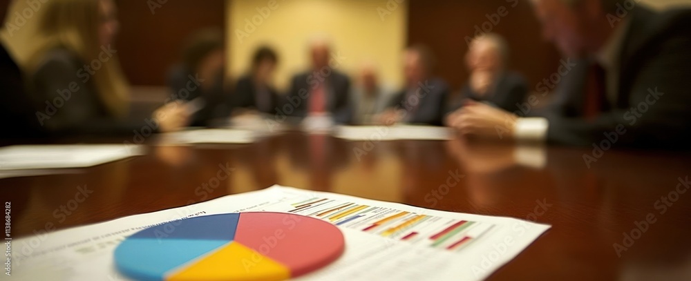 Poster Meeting with pie chart data on table.