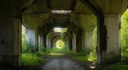 Obraz premium Abandoned concrete tunnel overgrown with lush greenery in sunlight