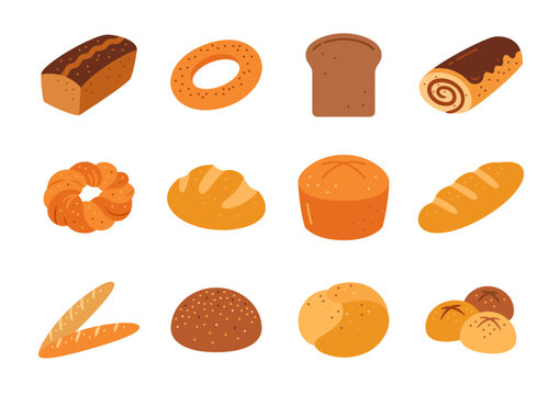 Bread pastry bakery flat set, organic baked goods, rye, wheat, whole grain, farmhouse brown white loaf, baked whole grain healthy rustic breakfast, burger bun, french baguette, sweet roll with filling