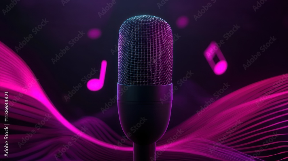 Poster mic with abstract purple waves and notes.