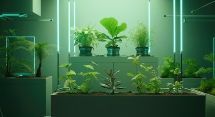 Fototapeta premium Modern indoor garden with diverse plants and neon lighting