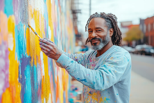 A male artist with dreadlocks concentrates on painting a colorful wall in an urban environment, showcasing creativity and dedication.
