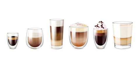 Realistic coffee glass cups. Irish coffe with cream foam or double espresso in glasses cup, macchiato milk latte hot ice morning breakfast drink, 3d set exact vector illustration