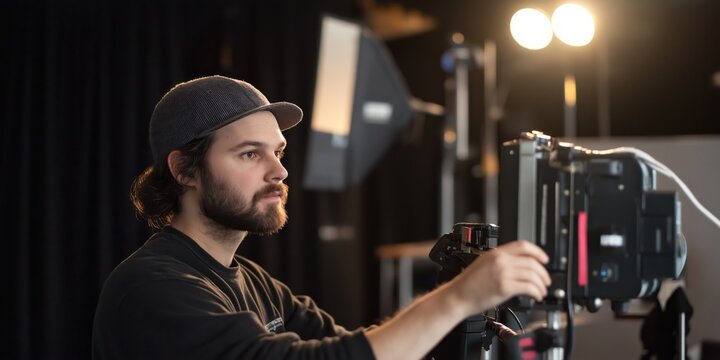 A film crew member adjusts a camera under studio lights, combining creativity and technical expertise.