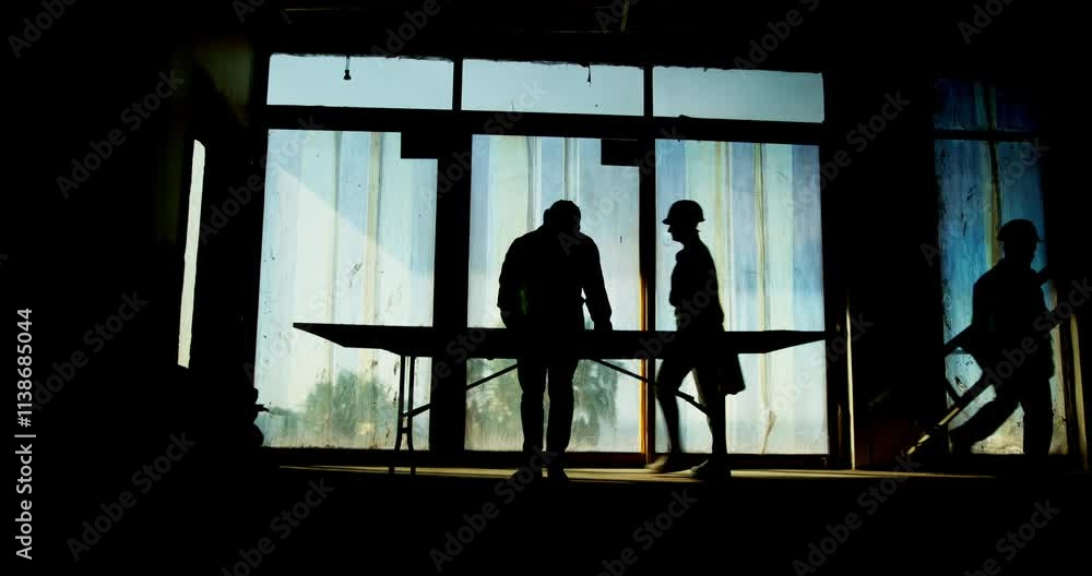 Poster Architecture, building and silhouette of engineer people on site for property development. Collaboration, industrial and infrastructure with construction worker team in office for project management