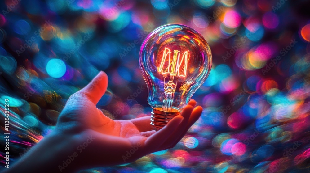 Poster hand holds a glowing lightbulb with a vibrant bokeh background.