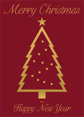 A Gold Graphic Christmas Tree on a Red Background