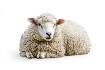 Fototapeta premium Fluffy sheep resting on white background