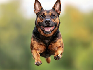 Obraz premium joyful dog mid jump in outdoor setting, showcasing energy and agility with vibrant background