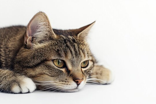 Serene tabby cat resting on white background