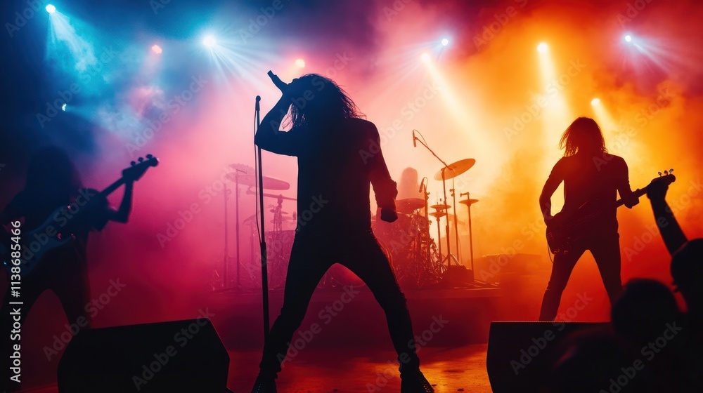 Poster Band performs on stage with bright colorful lights and smoke.