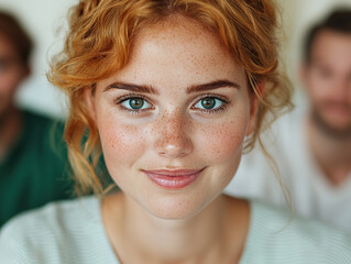 close up portrait of smiling young woman with red hair and freckles, showcasing natural beauty and soft lighting