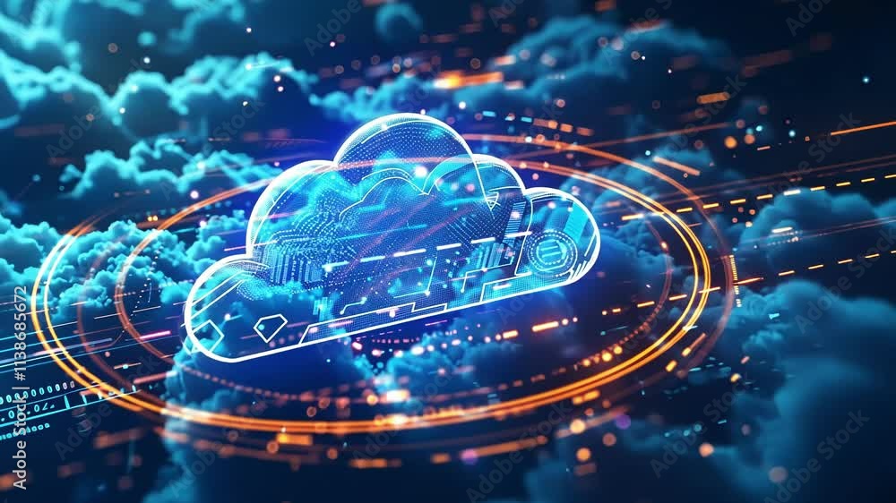 Poster glowing digital cloud visualizing secure data storage and access in innovative cloud computing syste