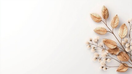 Obraz premium Elegant Golden Leaves and Soft Floral Arrangement on White Background