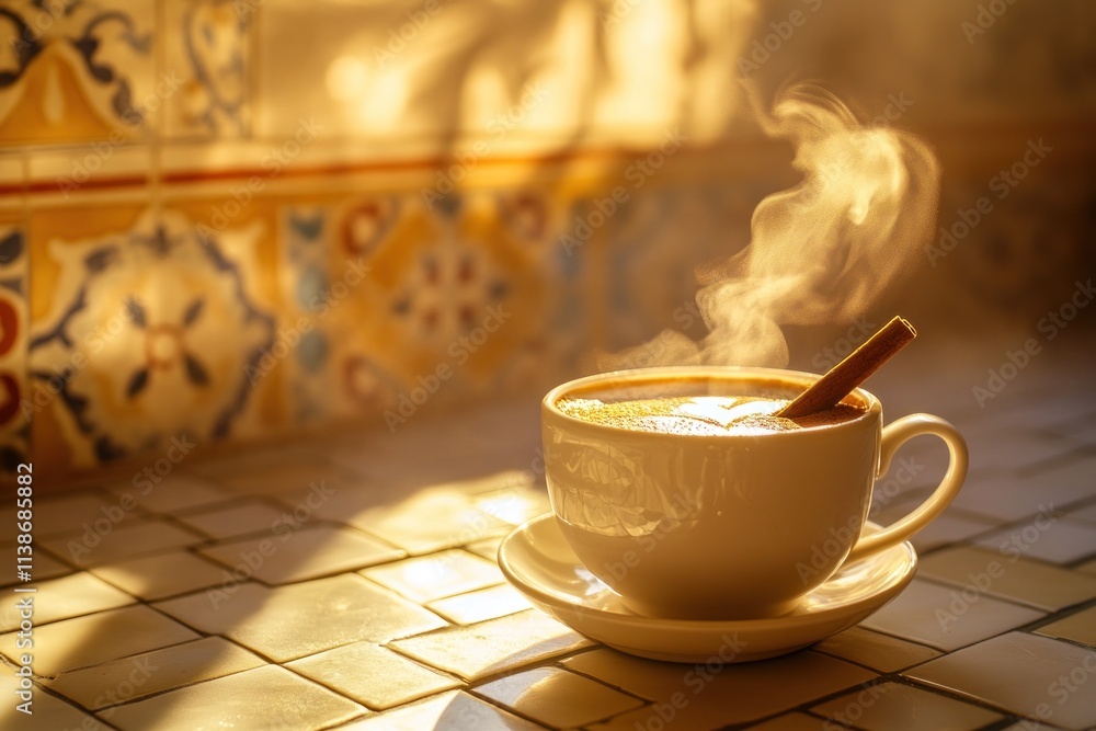 Poster steaming drink in a white cup with a cinnamon stick on tile.