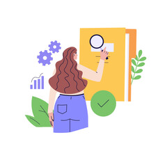 Woman studying information, facts. Concept of case study, searching business information, analyze of product features. Vector illustration in flat design for web banner