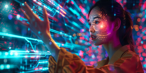 A woman in futuristic attire reaches out to touch a glowing holographic data stream, symbolizing AI and human collaboration.