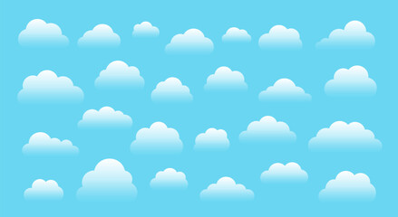 Gradient cloud set in flat style. White clouds with soft transparency and smooth gradients. Cumulus shapes, minimal cartoon style, rounded cloud forms. Weather signs, Sky elements, atmospheric symbols