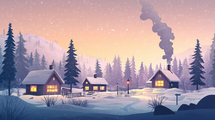 A peaceful winter village scene with glowing windows and smoke rising from chimneys, vector style illustration, copy space, website banner