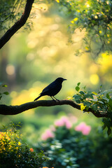 Obraz premium A Blackbird's Reverie: Harmony in Nature's Embrace Amidst Lush Foliage and Tranquil Scenes in a Vibrant Garden