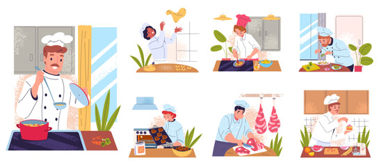 Chief cook cooking dishes. Professional chef making dish, food decorating adding ingredients sweets preparation commercial catering work, cookery set classy vector illustration