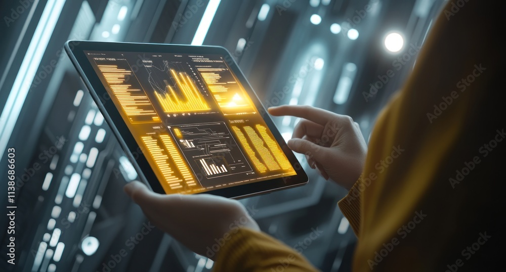 Poster person using tablet with glowing charts, futuristic design.