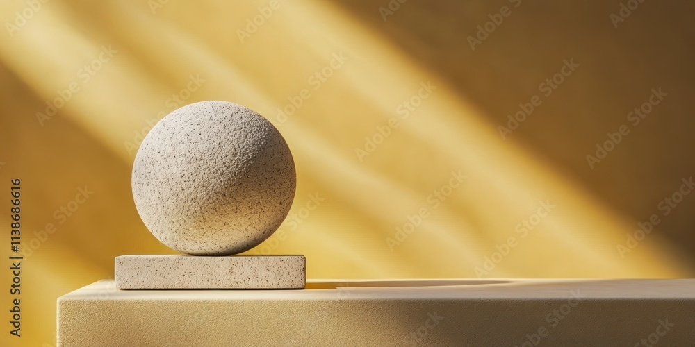 Poster textured sphere on podium with shadow.