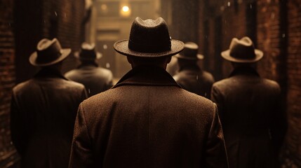men in fedoras walking down an alleyway at night.