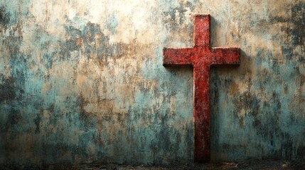 A weathered red cross on a wall.