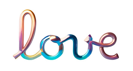Obraz premium 3D chrome element in Y2K style, isolated background, liquid holographic metal. Love, word written in a rainbow colors, spiral shape, shiny surface.